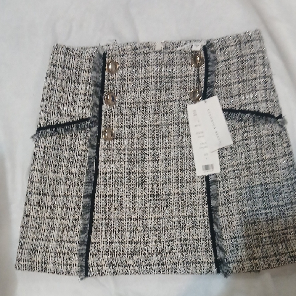 Veronica Beard Black & White Tweed Mini Skirt with Gold Buttons